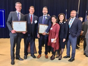 Adam D. Murray, runner up for the Excellence in Economic Security Award; Keith J. Krach, fmr Under Secretary of State and chairman of the Krach Institute for Tech Diplomacy at Purdue; Tobei Arai, winner of the Tech Diplomacy Award; his wife; Ambassador Yuri Kim; U.S. diplomat Demian Smith