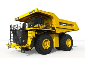 A front 3/4 view of a virtual rendering of Komatsu's 930E mining truck that will be powered by HYDROTEC fuel cells.