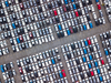 An aerial view new cars parking for sale stock lot row