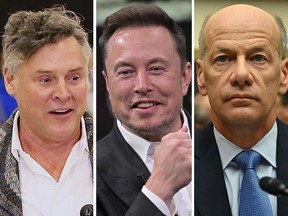 Mark Stewart, left, Stellantis' chief operating officer for North America, Elon Musk and Greg Becker, former chief executive of Silicon Valley Bank all made the list of 2023's CEO mishaps and misadventures.