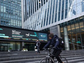 It is the last full week of trading for 2023 on the Toronto Stock Exchange. It has been a volatile year for the Canadian market, but a rally that began in late October has the S&P/TSX composite on track to eke out a gain for the year. The exterior of the TMX is seen in Toronto, Wednesday, Nov. 1, 2023.