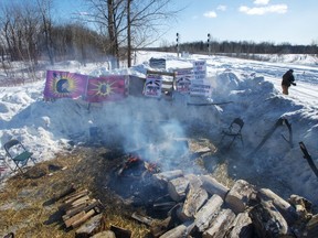 A rest area beside a blockade of the CN rail line is seen in Kahnawake, Que.,