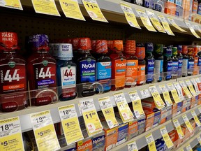 Cold and flu medicine sits on a store shelf in Miami.