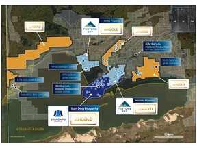 Overview of the Northwestern Athabasca Uranium District highlighting the Sun Dog Project and leading land position to be acquired by Angold Resources Ltd.
