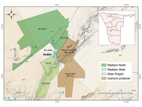 Plan map showing the location of ML86A, other Madison properties and current producing uranium mines in Namibia's Erongo uranium province.
