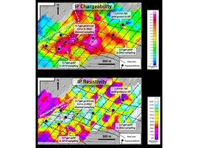 IP geophysics and proposed drill holes at Skinner Target Area