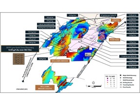 Main gold showings and occurrences at the Williams Brook Gold Project
