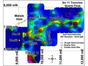 Figure 1: Menneval Gold Occurrences And 3000 Metre Gold Anomaly