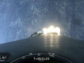In this image from video provided by SpaceX, South Korea launches its first military spy satellite from Vandenberg Space Force Base, Calif., Friday, Dec. 1, 2023. Using SpaceX's Falcon 9 rocket, it was the first of five spy satellites South Korea plans to send into space by 2025 under a contract with SpaceX. The launch took place a little over a week after North Korea claimed to put its own spy satellite into orbit for the first time as tensions rise between the rivals. (SpaceX via AP)