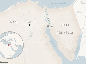 This is a locator map for the Suez Canal and the Sinai Peninsula in Egypt, with its capital, Cairo. (AP Photo)