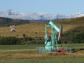 Oilfield pumpjacks, belonging to Crescent Point Energy Inc., near Longview, Alta.
