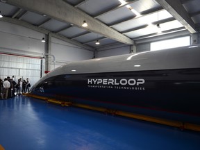 A full-scale passenger Hyperloop capsule is presented by Hyperloop Transportation Technologies in El Puerto de Santa Maria, Spain, 2018.