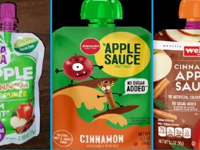 This image provided by the U.S. Food and Drug Administration on Thursday, Nov. 17, 2023, shows three recalled applesauce products - WanaBana apple cinnamon fruit puree pouches, Schnucks-brand cinnamon-flavored applesauce pouches and variety pack, and Weis-brand cinnamon applesauce pouches. U.S. food inspectors found "extremely high" lead levels in cinnamon at a plant in Ecuador that made applesauce pouches tainted with the metal. The recalled pouches have been linked to dozens of illnesses in U.S. kids. The FDA said Monday, Dec. 18, 2023, the agency is continuing to investigate. (FDA via AP)