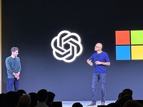 File - OpenAI CEO Sam Altman, left, appears onstage with Microsoft CEO Satya Nadella at OpenAI's first developer conference, on Nov. 6, 2023, in San Francisco. Negotiators will meet this week to hammer out details of European Union artificial intelligence rules but the process has been bogged down by a simmering last-minute battle over how to govern systems that underpin general purpose AI services like OpenAI's ChatGPT and Google's Bard chatbot.