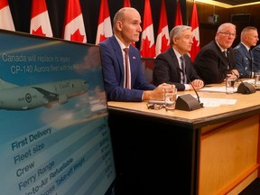Nov. 30, 2023: Liberals announce the sole-source deal with Boeing, worth $8 billion for a fleet of new surveillance aircraft during a press conference at the National Press Gallery in Ottawa. Pictured: The Honourable Jean-Yves Duclos, minister of Public Services, the Honourable François-Philippe Champagne, minister of Innovation, and the Honourable Bill Blair, minister of National Defence.