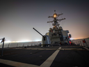 The Arleigh Burke-class guided-missile destroyer USS Carney transits the Suez Canal on Nov. 26, 2023. The destroyer on Dec. 16, 2023, shot down more than a dozen drones in the Red Sea launched from Huthi-controlled areas of Yemen, U.S. Central Command said. 