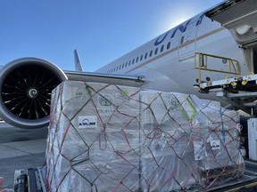 Humanitarian cargo being loaded on to a United Airlines Flight