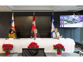 From left to right: Mrs. Valérie Plante, Montreal Mayor, The Honourable Pablo Rodriguez, Minister of Transport and Quebec Lieutenant and Mrs. Sandra Martel, CEO of The Jacques Cartier and Champlain Bridges Incorporated (JCCBI), at the announcement that the Bonaventure Expressway will be reconfigured into a boulevard.