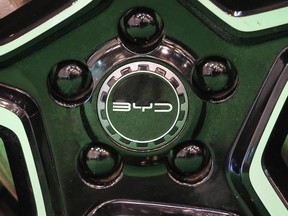 FILE - The wheels of an electric car of Chinese car maker BYD is on display at the Essen Motor Show in Essen, Germany, Friday, Dec. 1, 2023. Chinese automaker BYD said Friday, Dec. 22, that it plans to build a new electric vehicle plant in Hungary, its first car factory in Europe, as part of its rapid global expansion.