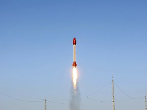 This photo released by the Iranian Defense Ministry on Wednesday, Dec. 6, 2023, claims to show a rocket with a capsule carrying animals is launched from an undisclosed location into orbit, Iran. Iran said Wednesday it sent a capsule into orbit carrying animals as it prepares for human missions in coming years. (Iranian Defense Ministry via AP)