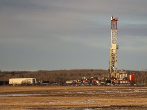 A rig works in a field west of Saskatoon Island Provincial Park in December 2020.