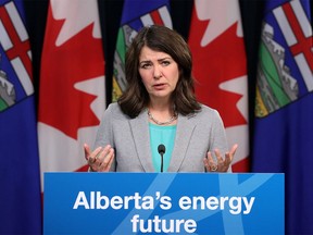 Alberta Premier Danielle Smith during a press conference at the Alberta Legislature in Edmonton, 2023.