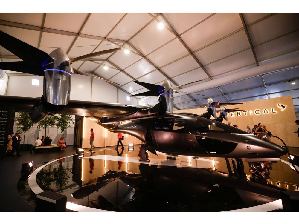 A Vertical VX4 eVTOL flying taxi on the Vertical Aerospace Ltd. stand on day two of the Farnborough International Airshow in Farnborough, UK, on Tuesday, July 19, 2022. The airshow, one of the biggest events in the global aerospace industry, runs through July 22.