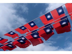 A square decorated with Taiwan flags ahead of the national day celebration in Taoyuan, Taiwan, on Wednesday, OCT 5, 2022. Photographer: Lam Yik Fei/Bloomberg