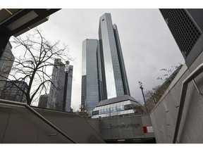 The headquarters of Deutsche Bank AG, center, in the financial district of Frankfurt, Germany, on Thursday, Feb. 2, 2023. Deutsche Bank vowed to increase profit and revenue further this year, after snapping a long streak of market share gains in trading in the final quarter of Chief Executive Officer Christian Sewing's turnaround plan.
