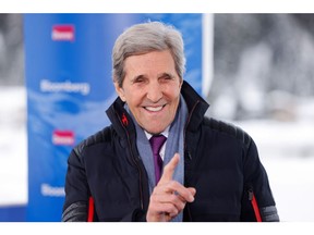 John Kerry, US special presidential envoy for climate, during a Bloomberg Television interview on day two of the World Economic Forum (WEF) in Davos, Switzerland, on Wednesday, Jan. 17, 2024. The annual Davos gathering of political leaders, top executives and celebrities runs from January 15 to 19.