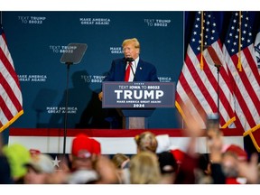 Former US President Donald Trump speaks during a campaign rally in Mason City, Iowa, US, on Friday, Jan. 5, 2024. The US Supreme Court agreed to consider whether Colorado can bar Donald Trump from the presidential ballot, taking up a landmark constitutional and political clash stemming from his attempt to overturn the 2020 election.