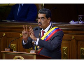 Nicolas Maduro, Venezuela's president, delivers a State of the Union address at the National Assembly in Caracas, Venezuela, on Monday, Jan. 15, 2024. President Maduro, speaking during his annual address in congress, said the country's economy growth surpassed 5% of GDP in 2023.