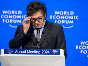 Argentina's President Javier Milei delivers a speech at the World Economic Forum meeting in Davos on Jan. 17.