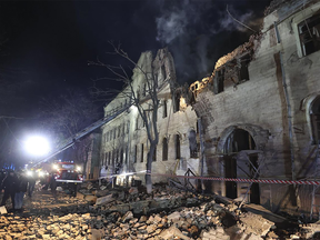 Destroyed apartment building in Kharkiv, Ukraine