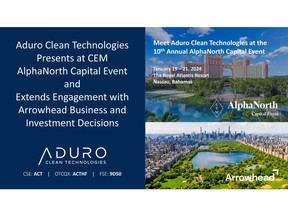 Aduro Clean Technologies Presents at CEM AlphaNorth Capital Event and Extends Engagement with Arrowhead Business and Investment Decisions