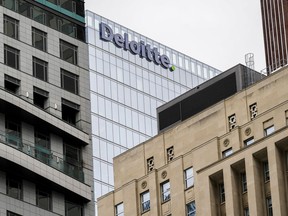 Deloitte Canada says it has launched a dedicated practice focused on helping build capacity and opportunity for Indigenous Peoples and Nations. Deloitte signage is pictured in the financial district in Toronto, Friday, Sept. 8, 2023.
