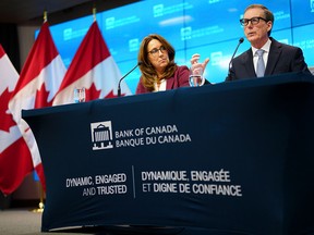 Bank of Canada governor Tiff Macklem and Carolyn Rogers, senior deputy governor, hold a press conference in Ottawa on Wednesday after the interest-rate decision.