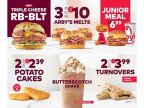 Arby's introduces an ambitious assortment of new menu options and specials including a Triple Cheese RB-BLT sandwich, Butterscotch Shake, 3 Arby's Melts for $10 and a $6.99 Junior Meal. Arby's has also brought back the cherished Cherry Turnover highly requested Potato Cakes. Learn more about details at arbys.ca.