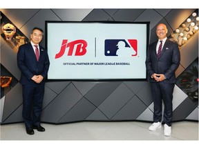 Eijiro Yamakita, JTB President & CEO (left) at MLB headquarters in New York City with Noah Garden, Deputy Commissioner, Business & Media, Major League Baseball (right).