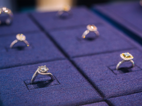 Diamond rings in a display cabinet