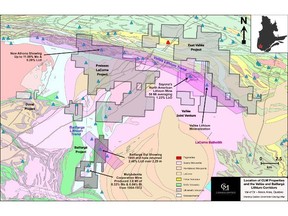 CLM Regional Projects Map [property boundaries from Company resources and historical drill hole, geology and showing information from the Government of Quebec website https://sigeom.mines.gouv.qc.ca/signet/classes/I1108_afchCarteIntr.]