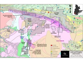 CLM Regional Projects Map [property boundaries from Company resources and historical drill hole, geology and showing information from the Government of Quebec website https://sigeom.mines.gouv.qc.ca/signet/classes/I1108_afchCarteIntr.]