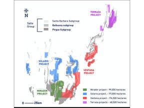 Location of the newly acquired Terraza Project (purple highlights), together with Mirador, Solario and Ventana Projects, and location of key prospective stratigraphy in the region.
