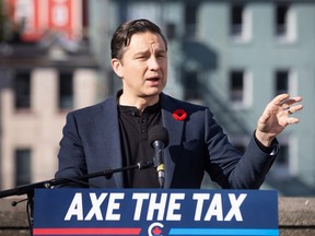 Conservative Leader Pierre Poilievre holds a press conference regarding his 'Axe the Tax' message in St. John’s on Oct. 27, 2023.