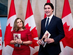 Deputy Prime Minister and Minister of Finance Chrystia Freeland, left, and Prime Minister Justin Trudeau during the Fall Economic Statement on Parliament Hill in Ottawa, on Nov. 21, 2023. A government whose other policies are fixated on sustainability in the 2050s is overly optimistic in forecasting whether its debts will be sustainable in the 2050s.