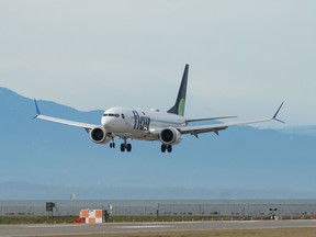 A Flair Airlines Ltd. plane lands at Vancouver International Airport.