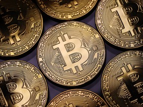 A visual representation of the digital cryptocurrency Bitcoin.