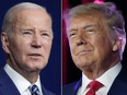 In this combination of photos, U.S. President Joe Biden speaks on Aug. 10, 2023, in Salt Lake City, left, and former president Donald Trump speaks on July 8, 2023, in Las Vegas.