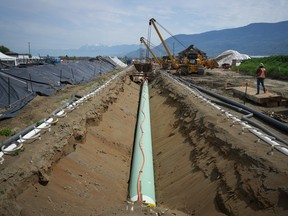 Workers lay pipe during construction of the Trans Mountain pipeline expansion on farmland, in Abbotsford, B.C., 2023.