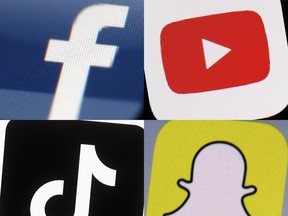 FILE - This combination of 2017-2022 photos shows the logos of Facebook, YouTube, TikTok and Snapchat on mobile devices. A trade group representing TikTok, Snapchat, Meta and other major tech companies sued Ohio on Friday, Jan. 5, 2024 over a pending law that requires children to get parental consent to use social media apps. (AP Photo/File)